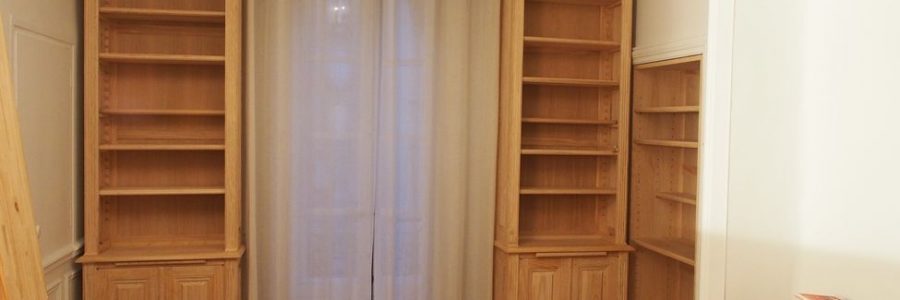 Paire de bibliothèques étroites encadrant une fenêtre