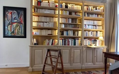 Bibliothèque de parquet intemporelle en châtaignier brut