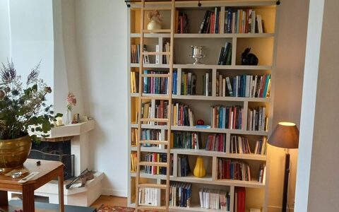 Haute bibliothèque contemporaine culminant à plus de trois mètres de hauteur