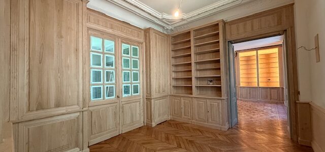 Bibliothèque d’un côté et boudoir-bar à fond de glace de l’autre