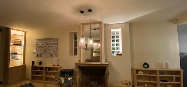 Réalisation sur mesure de mobilier : deux bibliothèques basses, une bibliothèque haute et un trumeau pour salon