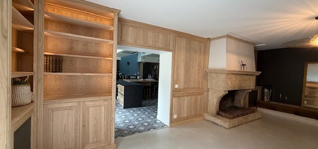 Réalisation d’une bibliothèque et boiserie en bois naturel sur un long mur