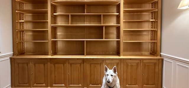 Bibliothèque de parquet en châtaignier teintée et cirée avec de la véritable cire d’abeilles