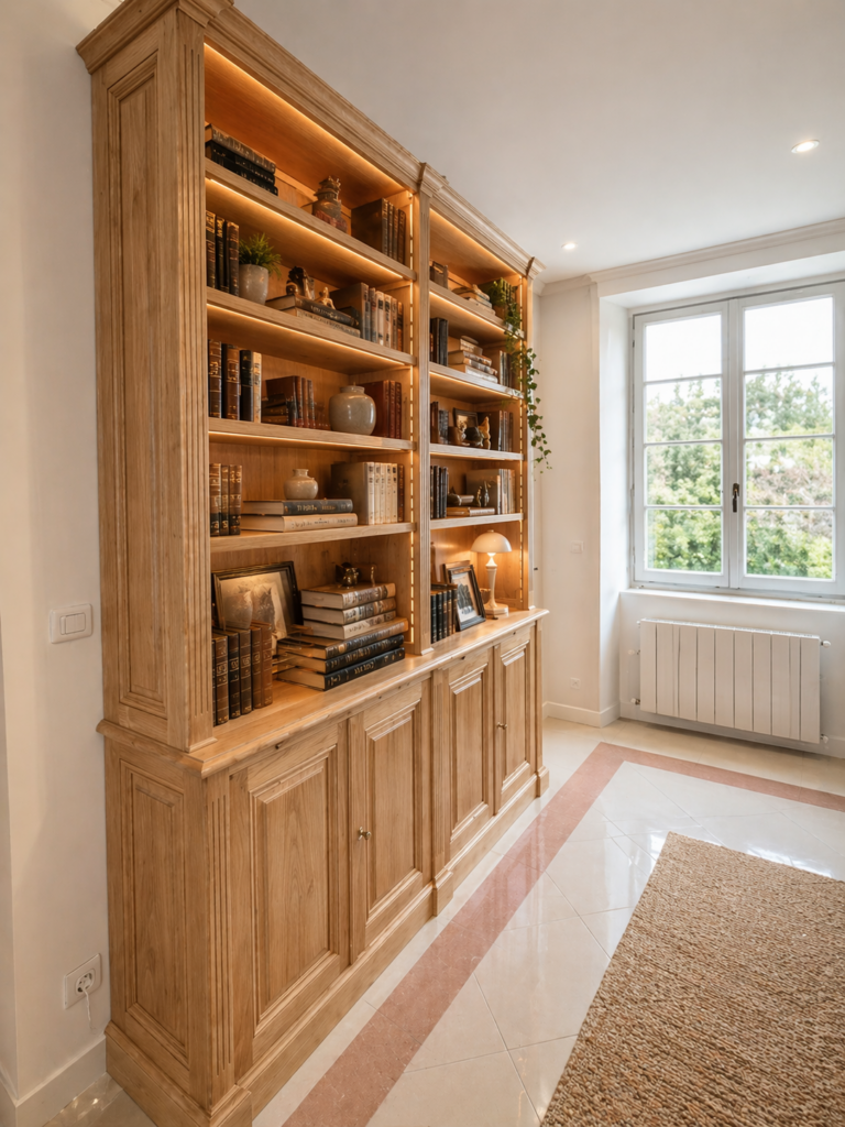Bibliothèque en deux corps de style Louis XVI en bois naturel