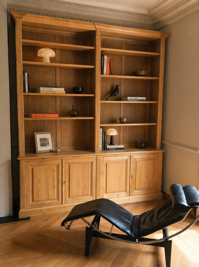 Élégante bibliothèque intemporelle en bois naturel
