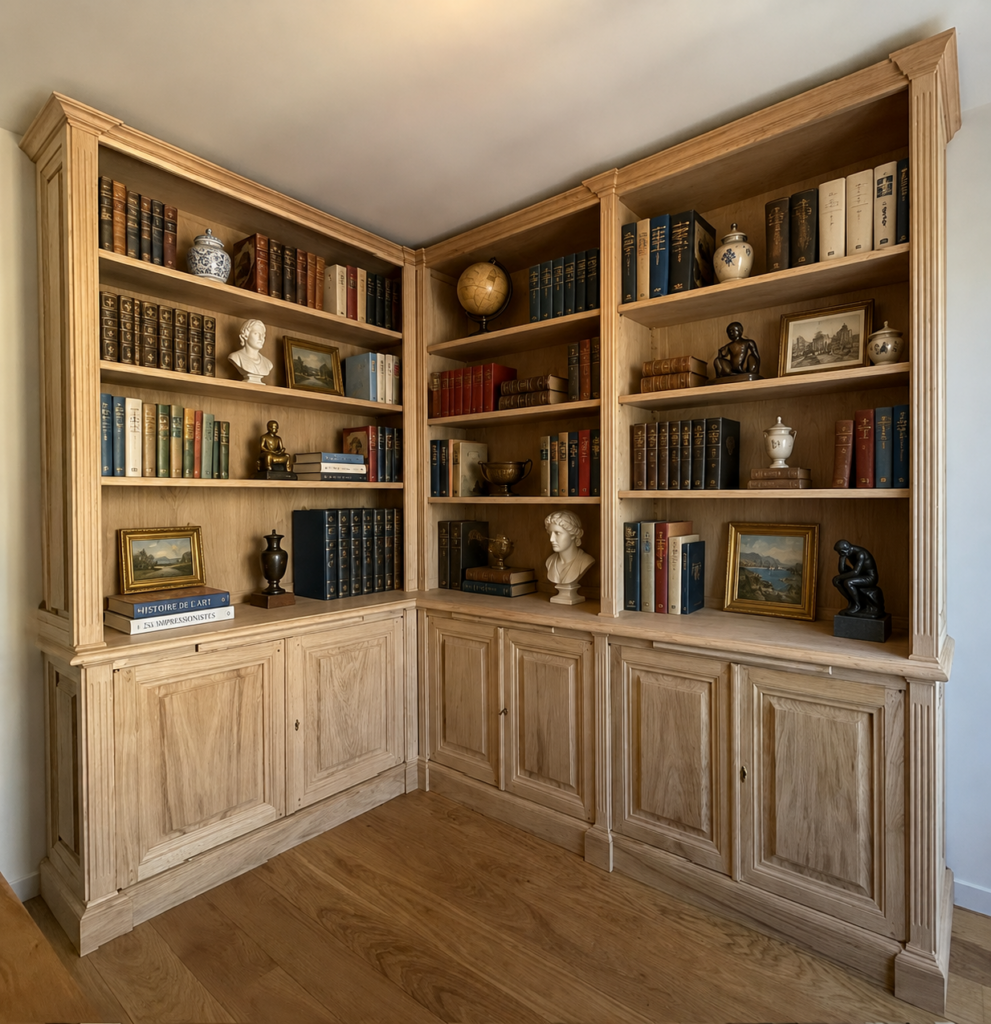Bibliothèque d’angle en châtaignier brut