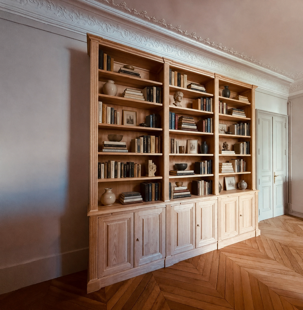 Bibliothèque intemporelle dans un somptueux appartement aux hauts plafonds