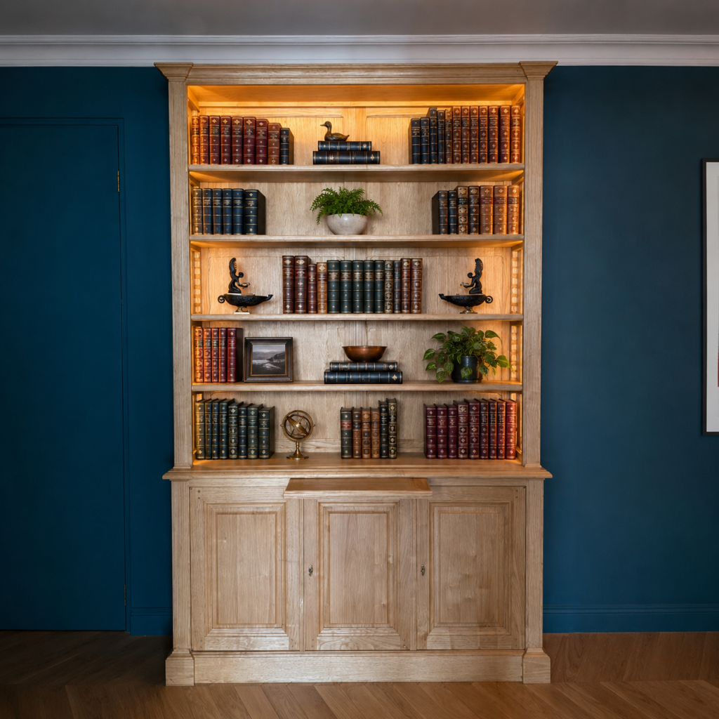 Bibliothèque en bois naturel pour une entrée sur un fond de mur bleu